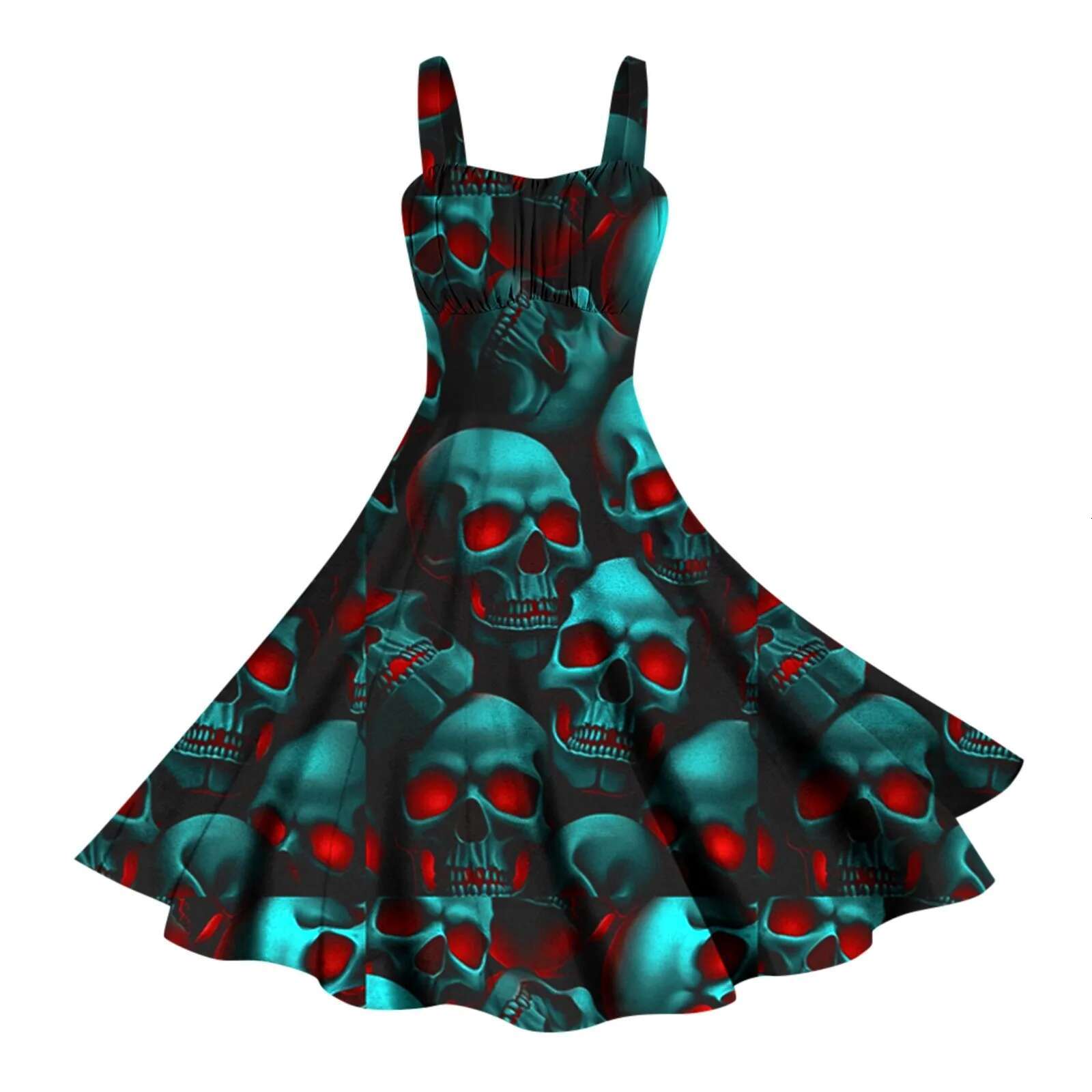 Dongdumaoyi Gothic Skull Print Halloween Dress For Women Vintage S Sexy Straps Rockabilly Robe Costumes