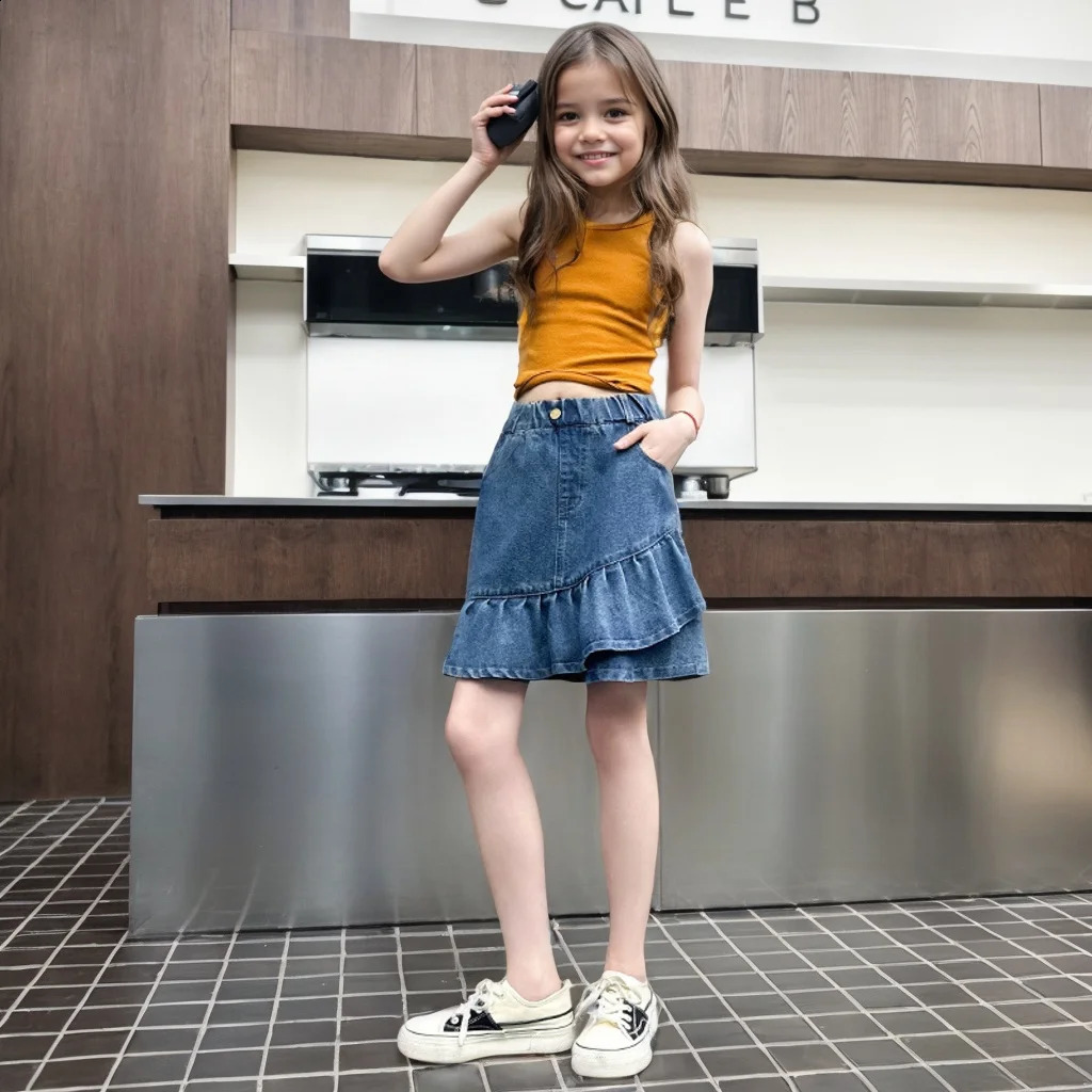 Girls pleated leggings for summer childrens leggings for girls big children summer personality simple denim leggings for 5-14 years old 250424