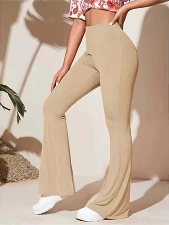 Elastic solid color bell bottoms womens fashionable yoga pants autumn wide leg pantsC250425