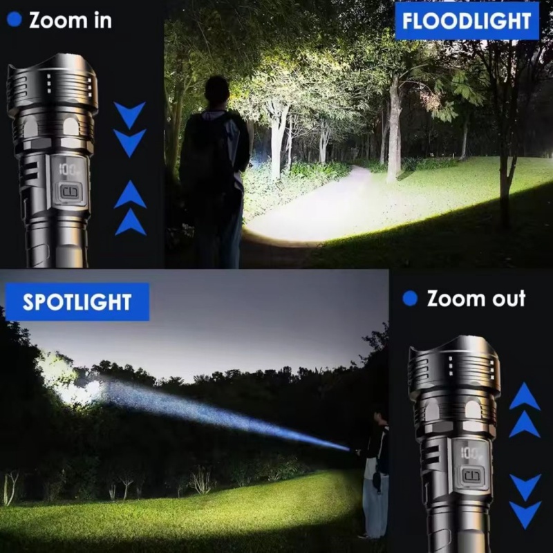 Super Bright 100000 Lumens ABS Plastic Tactical Flashlight LED Numerical Power Display 3000 Lumen Zoomable Waterproof Torch Emergency Light Flash Ligh