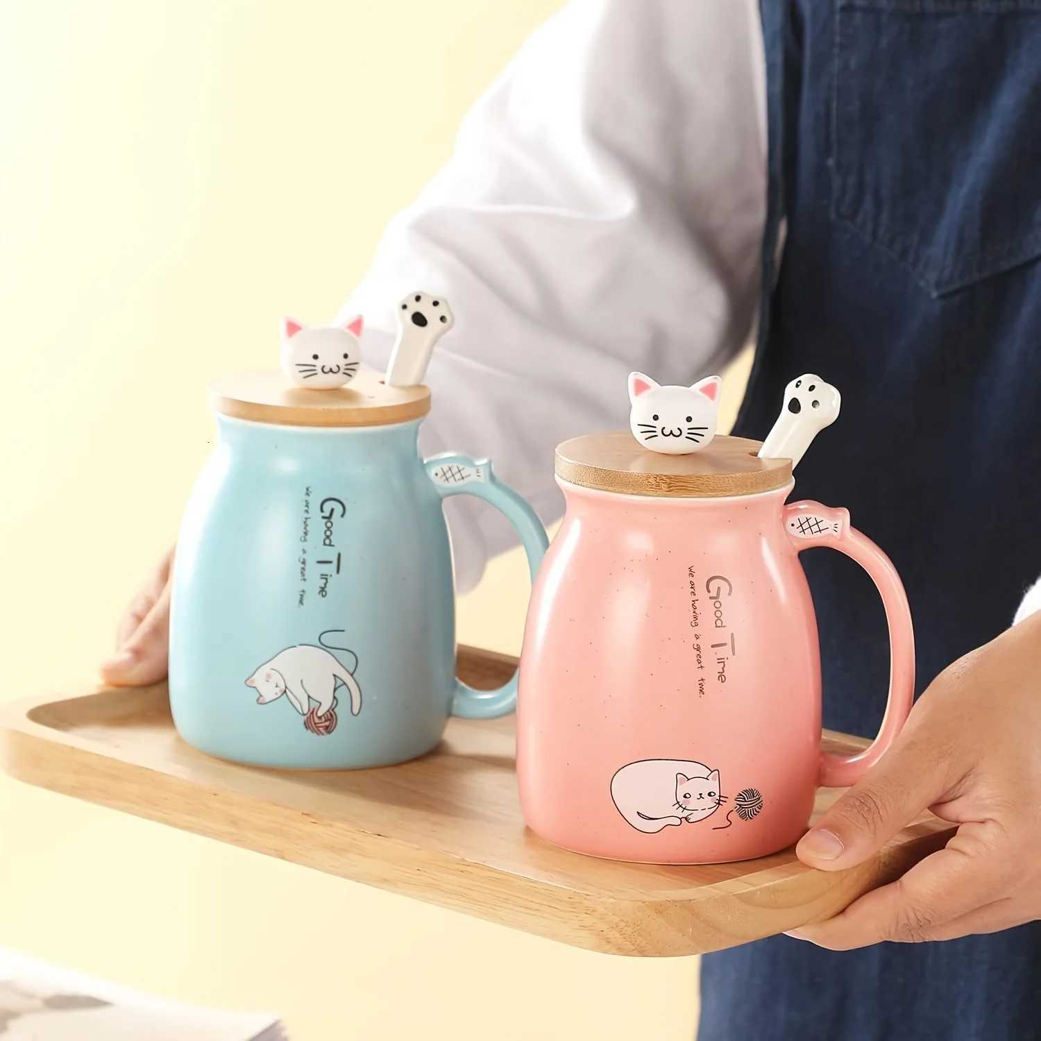 Kawaii Cat Mug 13oz Ceramic Tea Cup with Lid and Spoon Gifts for Cat Lovers and Women Birthday and Christmas Y251125