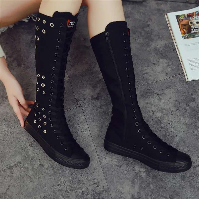 Spring and summer new long lace-up side zipper knee-high boots casual flat inner heightening large-size rivet canvas women shoes