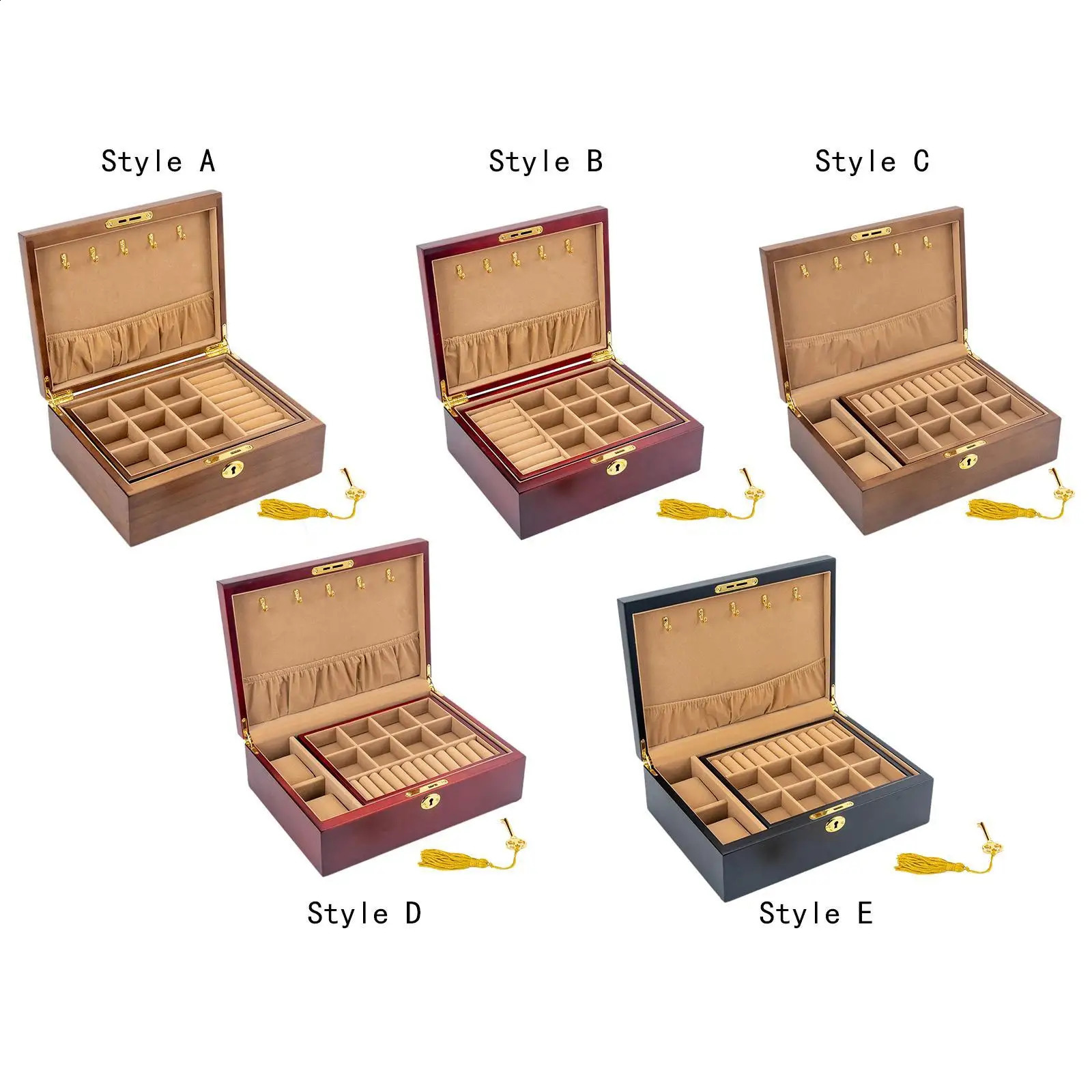 Wooden Jewelry Box with Lock and Key 2 Tier Lockable for Men Women Jewelry Display Case Trinket Box Organization Container 250424