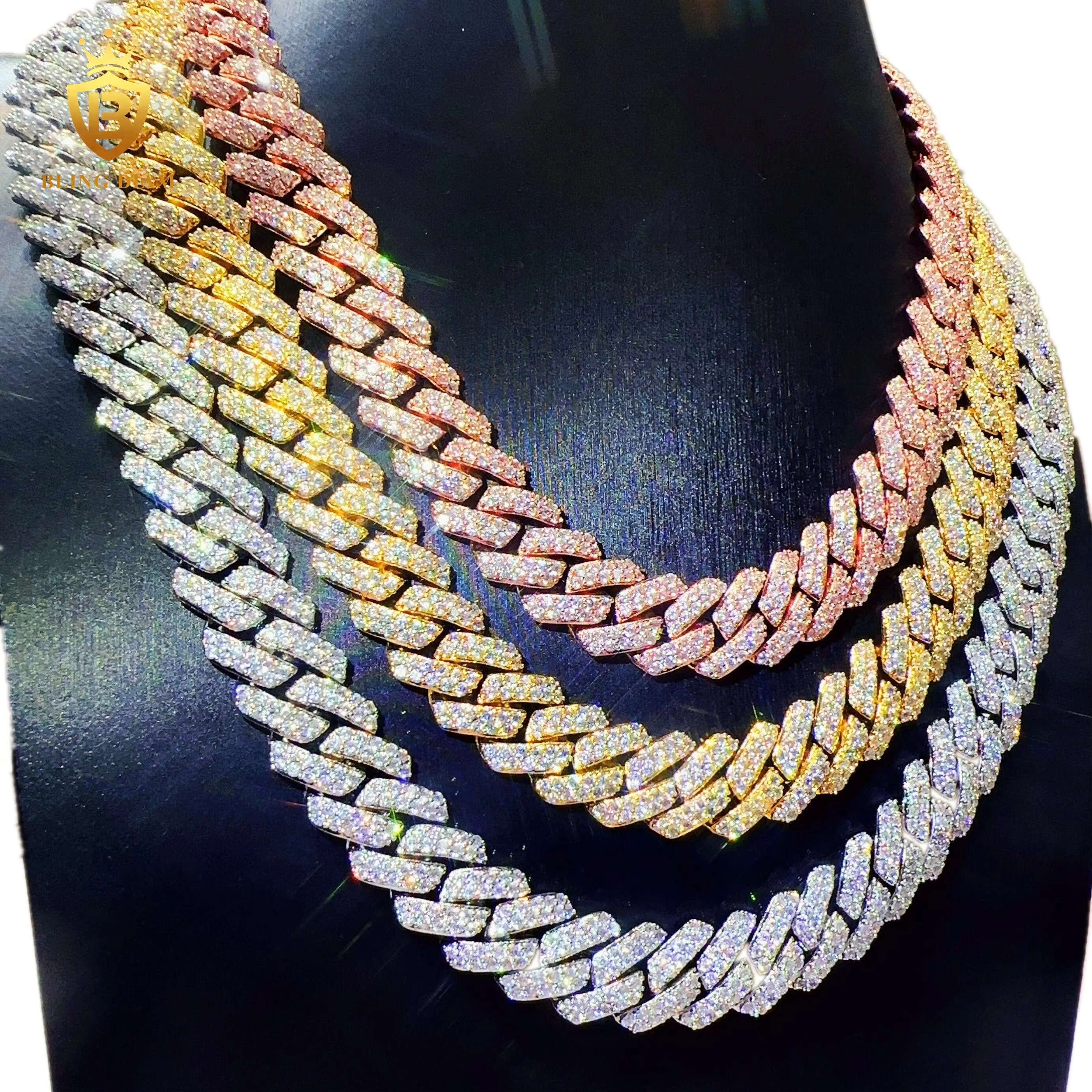 Blingdiam Jewelry Hip Hop Cuban Chain Necklace 15mm Copper 2Rows 5A+ Moissanite Diamond Cuban Link Chain for Men