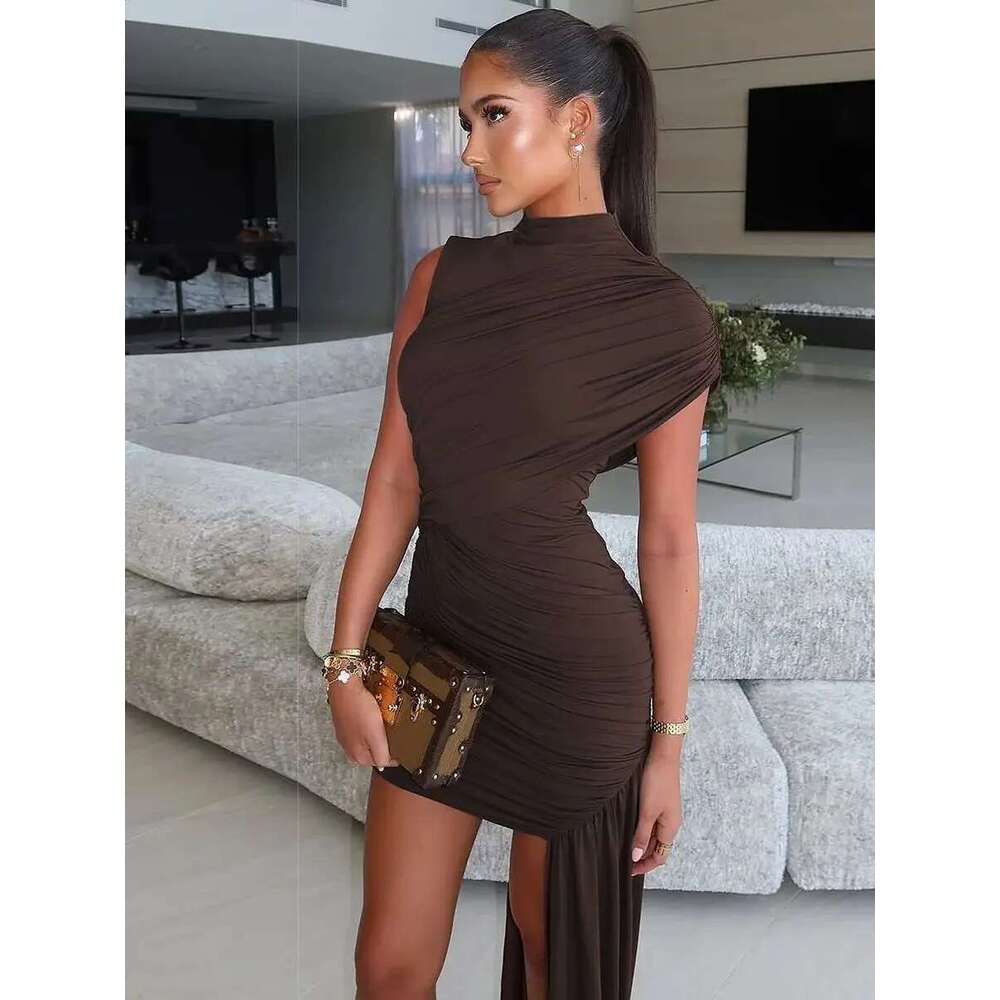 Designer Clothes Irregular Draped Ruched Sexy Mini For Women Turtleneck Sleeveless Pleated Slim Party Dress Female Holiday Beach Dresses
