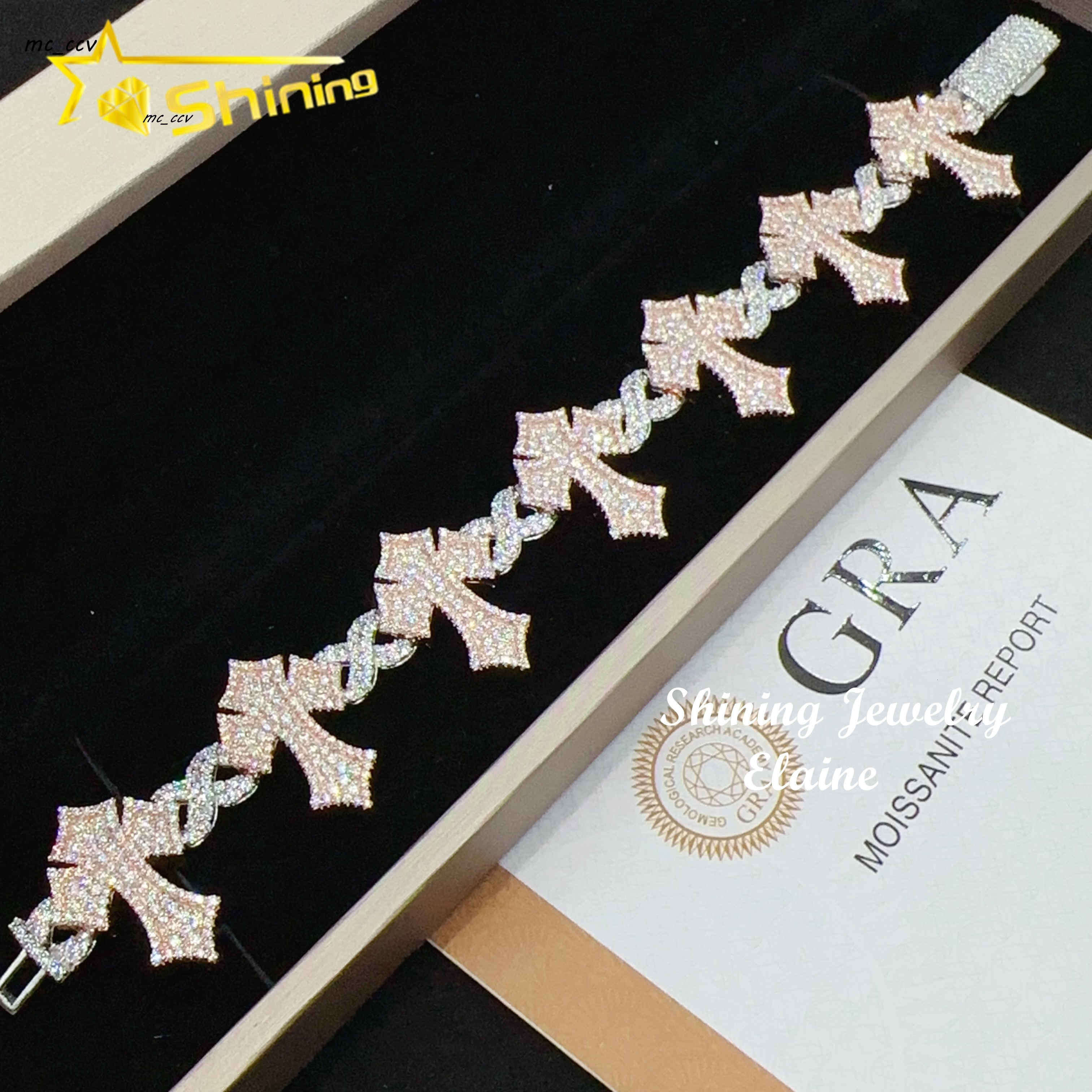 Fashion Jewelry Silver 925 Hip Hop Iced Out Men Bracelet VVS Moissanite Lab Diamond Jewelry Cross Cuban Link Bracelet