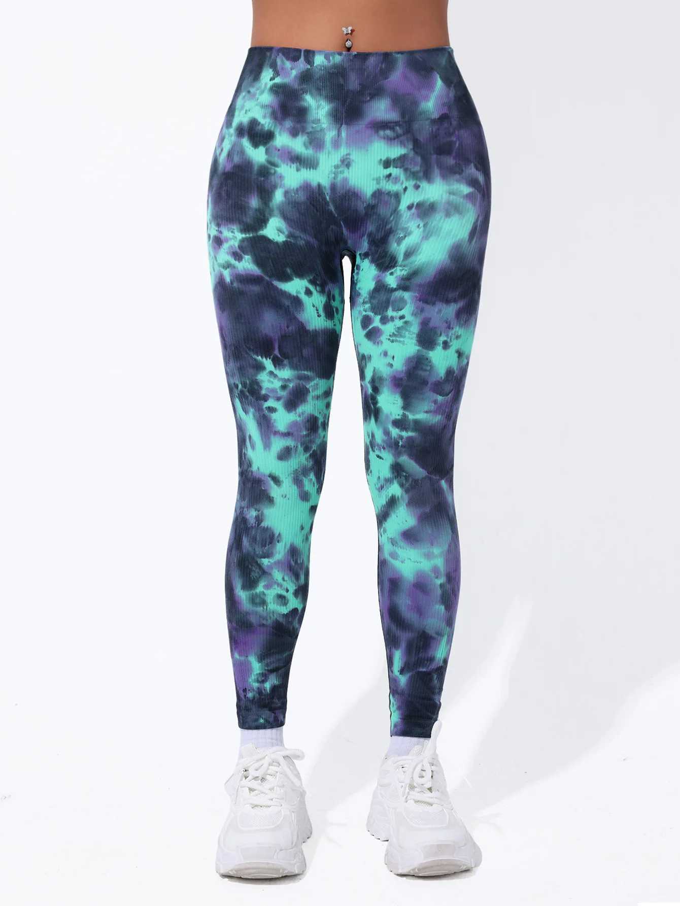 Womens seamless tie dye high V-waist yoga pants push up tight fitness legsC250425