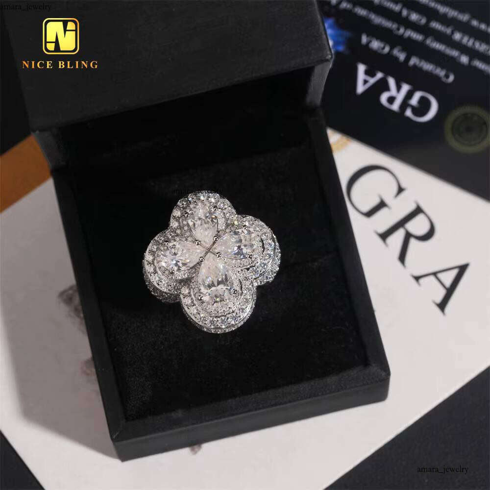 VVS Moissanite Dashi Hui Shi Champion Flower Design Clover Pear Popular Product 2025 925 Ring Men's Hip Hop Boutique Jewelry