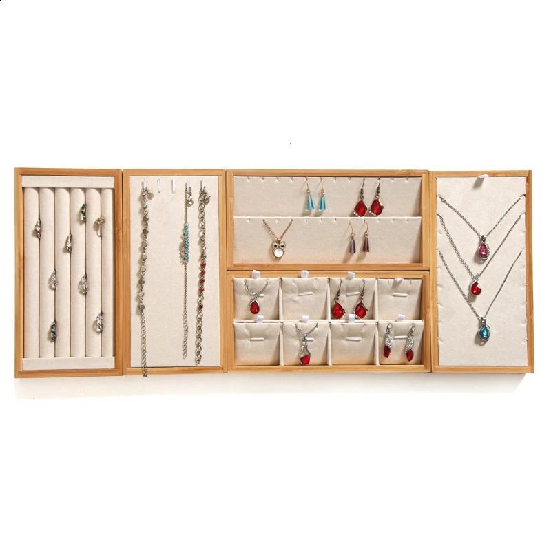 Natural Bamboo Solid Wood Jewelry Display Tray Necklace Ring Earring Storage Box Jewelry Display Plate 250424