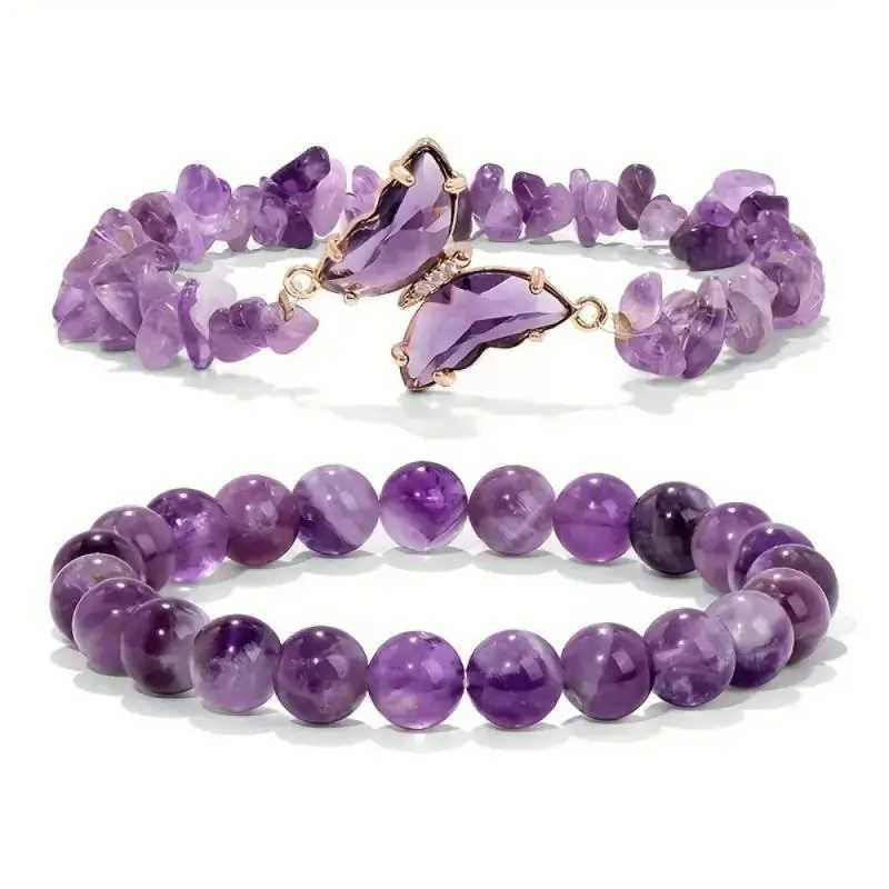 2pc Set sromantic Amethyst Obsidian Quartz Beaded Butterfly Bracelet women Stretch Bangles Positive EnergyDaily Commute J251125