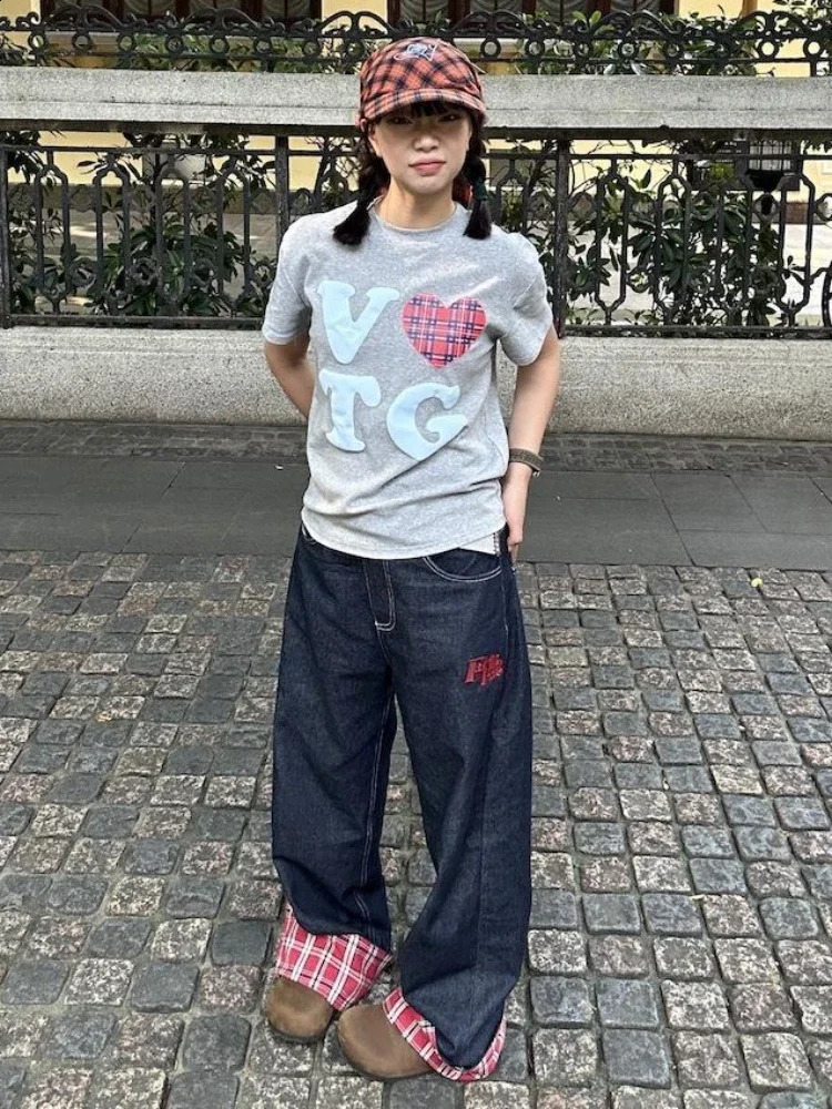 Adagirl Baggy Plaid Jeans Womens Retro Harajuku Alphabet Embroidered Korean Straight Wide Leg Cowboy Trouser Y2k Hip Hop Casual 250422