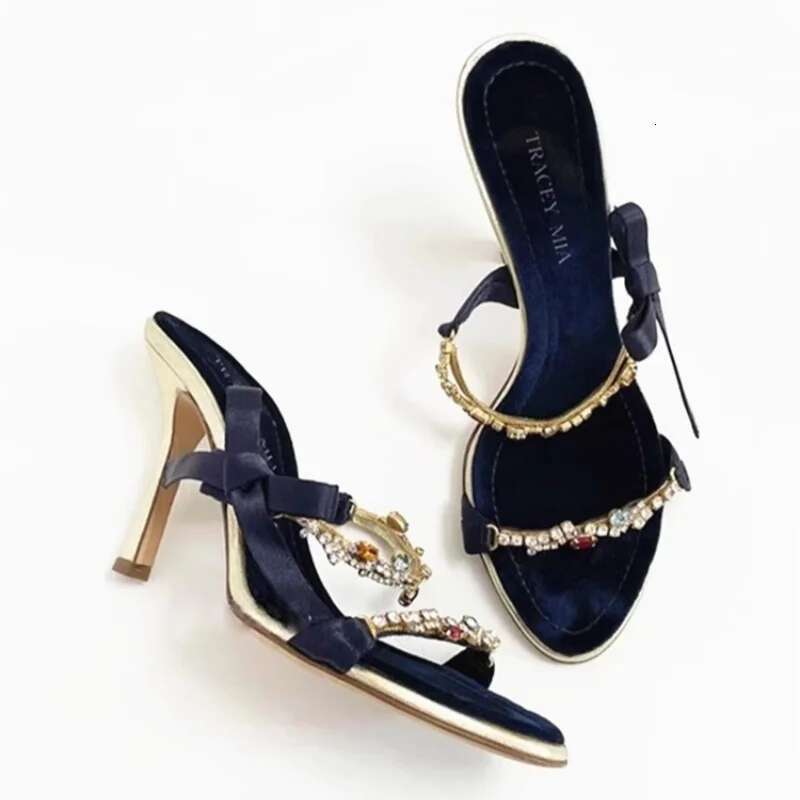 Summer new rhinestone bow with sexy open-toe fashion slippers high-heeled suede banquet dress small size women's sandals