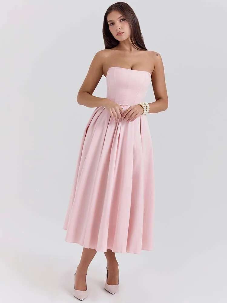 Dongdumaoyi Townlike Midi Long Pleated A Line Dress Women Spring Summer Strapless Nightclub Sexy Party Dresses