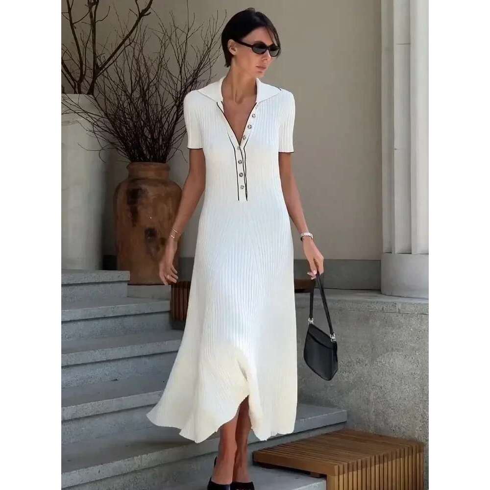 White Knit Fashion Maxi For Women Short Sleeve Patchwork Elegant Party Lapel High Waist Knitwear Women's Dress
