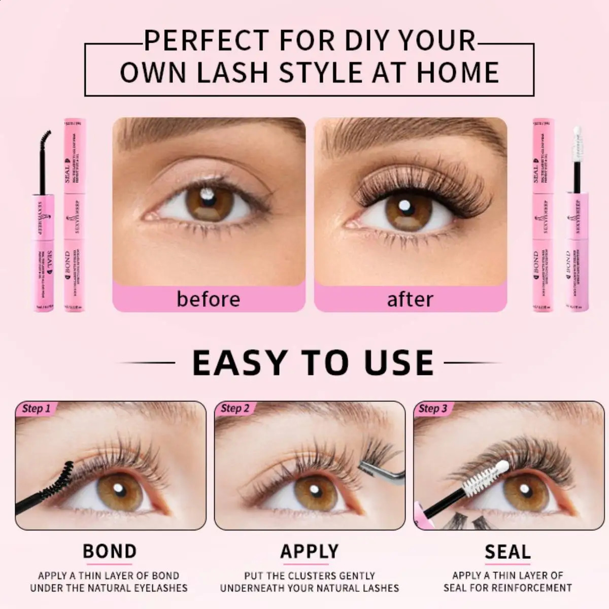 Eyelash glue and seal are used for strong fixation of eyelash clusters. Eyelash glue lasts for 48 hours in a 2-in-1 combination 5ml black glue5ml tran