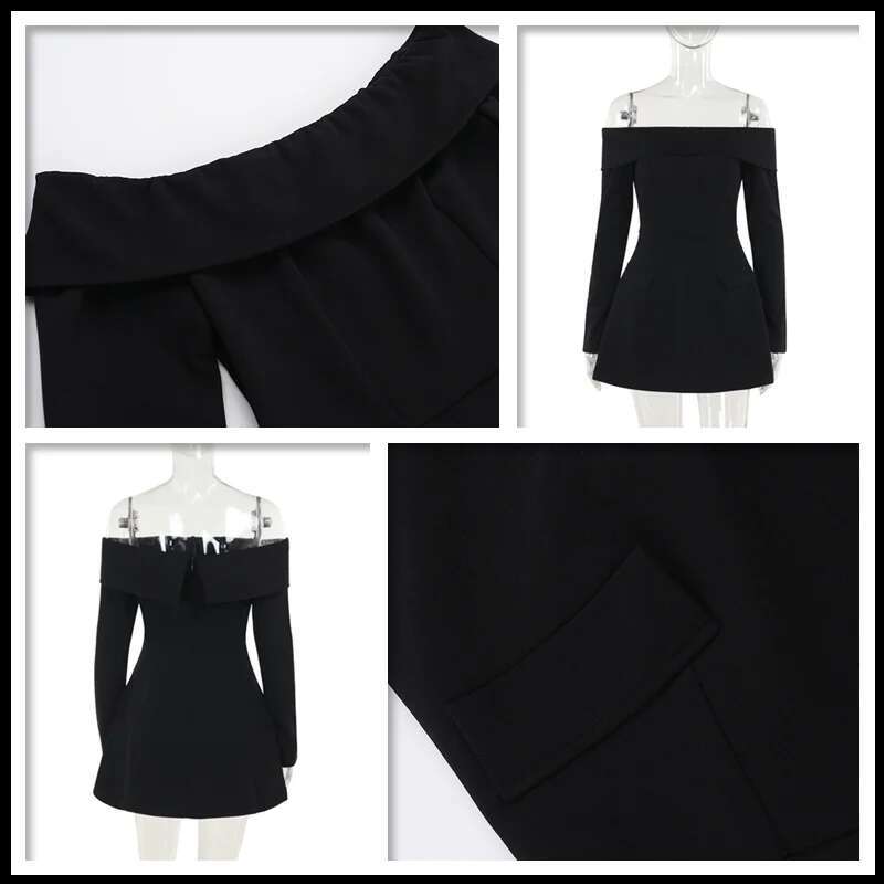 Townlike Poskets Waist Wrap A-line Women Off Shoulder Mini 2024 Autumn Winter Dress Backless Nightclub Sexy Party Dresses