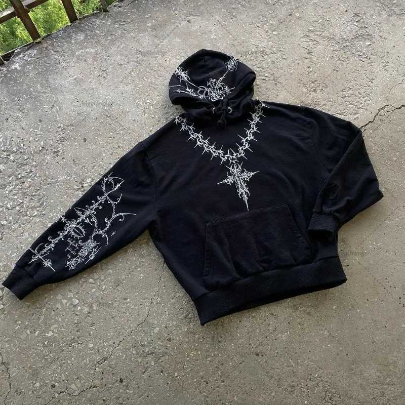 Gothic punk graphic printing oversized sportswear hip-hop rock black casual loose hoodie mens fashion Harajuku retro Y2K streetwear w250425