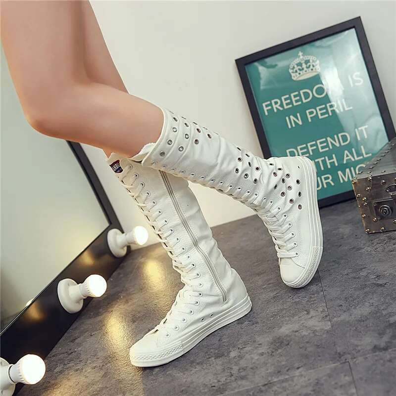 Spring and summer new long lace-up side zipper knee-high boots casual flat inner heightening large-size rivet canvas women shoes