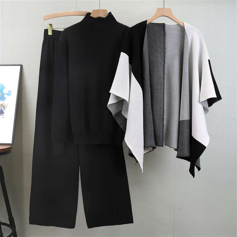 2025 Autumn/winter New Fashionable Knitted Color Blocked Shawl Wide Leg Pants Stylish 3-piece Set for Women Long Printing Temperament New Product New 