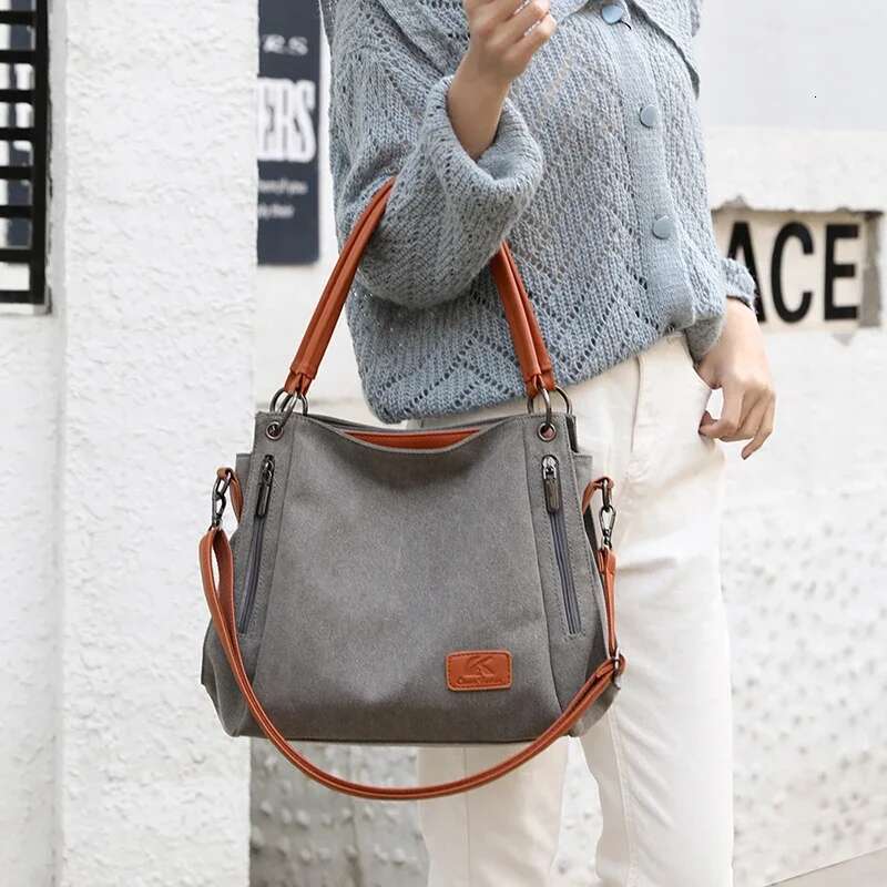 Designer bag New Arrival Grey Canvas Shoulder Bag Casual Tote Bag Women's Fashion Handbag Double Handles Zipper Pockets Large Capacity Everyday B