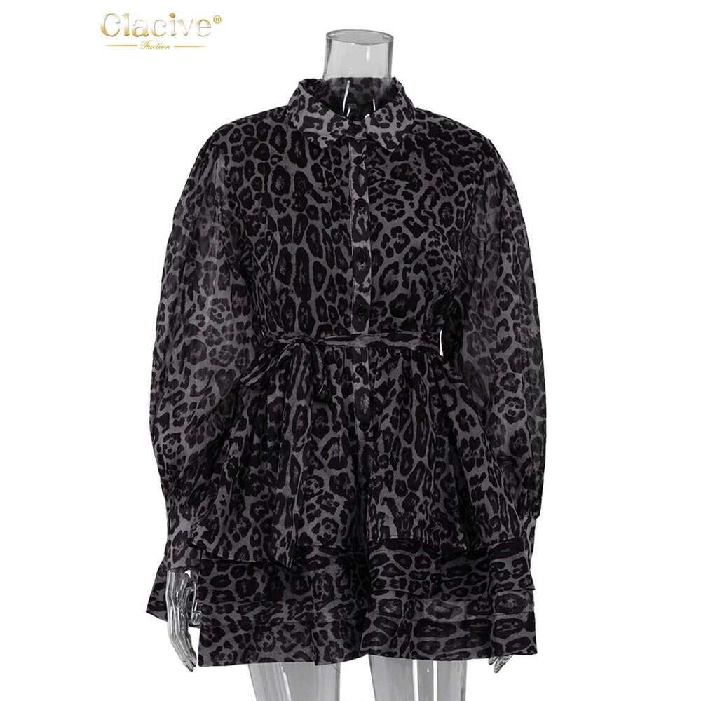 Clacive Fashion Leopard Print Women's 2024 Vintage Lapel Long Sleeve Mini Dresses Elegant High Waist Pleated Female Dress