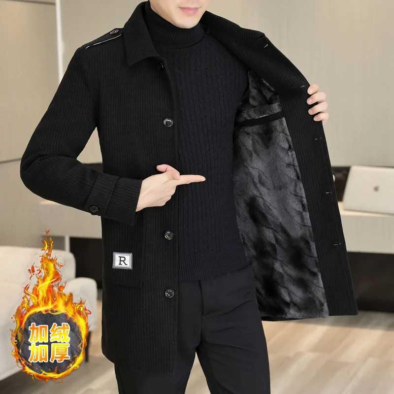 2023 Winter Medium Length Woolen Jacket for Men Plush and Thicken Trench Coat slim Casual Business Social Streetwear OvercoatT251125
