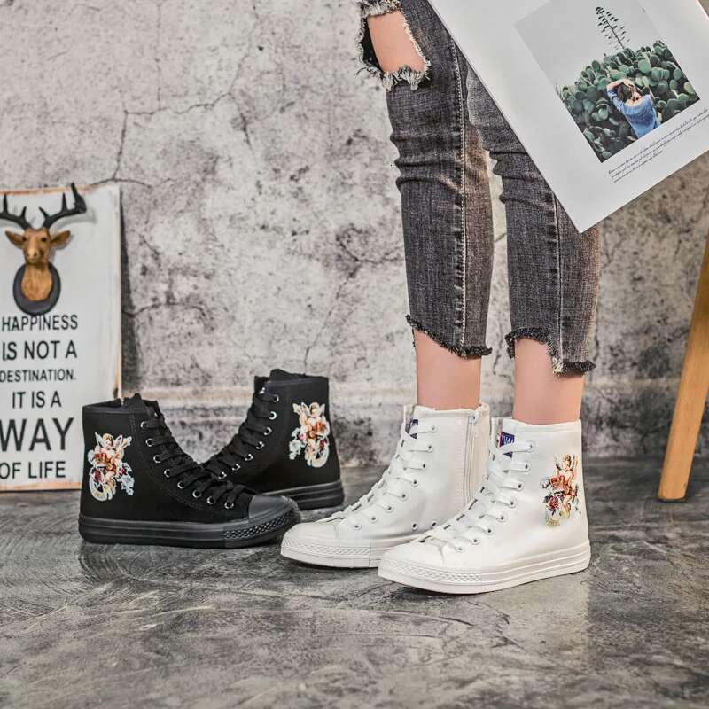 Spring new honeysuckle lace-up side zipper high-top couple canvas casual flat inner heightening large size women's shoes