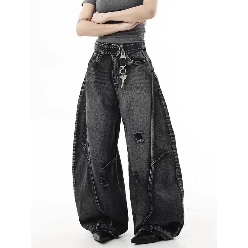 Y2K black graffiti wearing womens jeans high waisted retro straight pocket denim pants American wide leg Trouser 250420