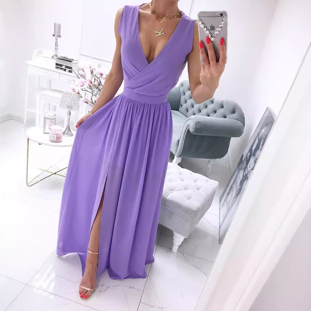 2021 summer new sleeveless solid color V-neck dress