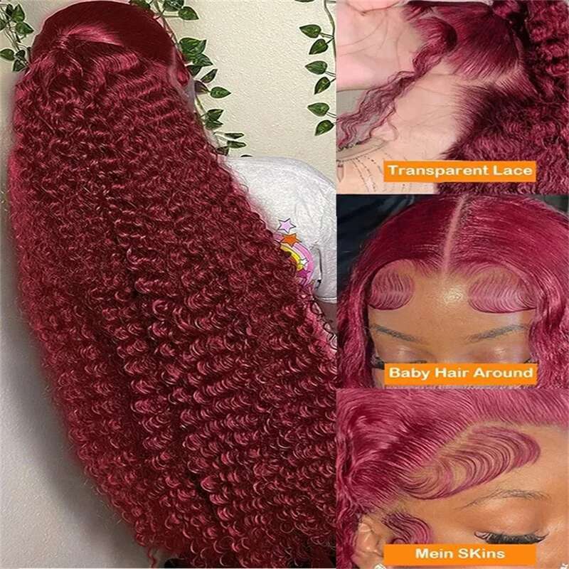 30 40 Inch 99J Bury 13X6 Hd Human Hair Red Colored 13X4 Transparent Lace Curly Deep Wave Frontal Wig
