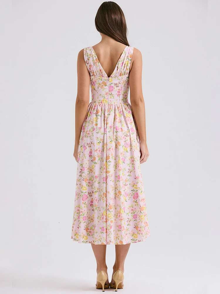 Dongdumaoyi Townlike Waist Wrap Print A Line Dress Women Spaghetti Strap Spring Summer Elegant Midi Long Sexy Party Dresses