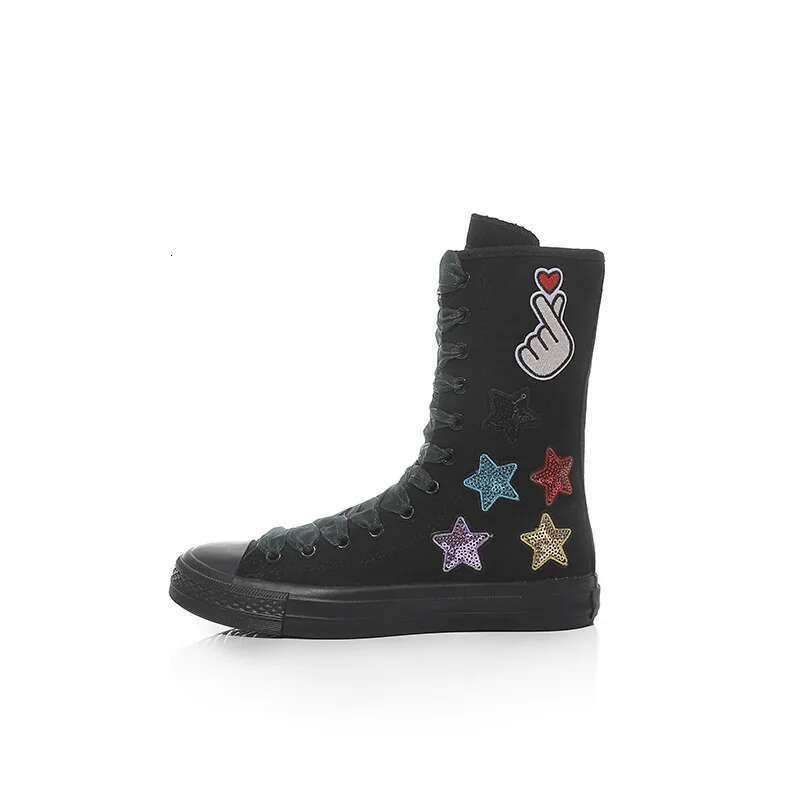 Spring new medium-sized ribbon lace-up sequin embroidered canvas soft sole flat inner heightening large size women's shoes