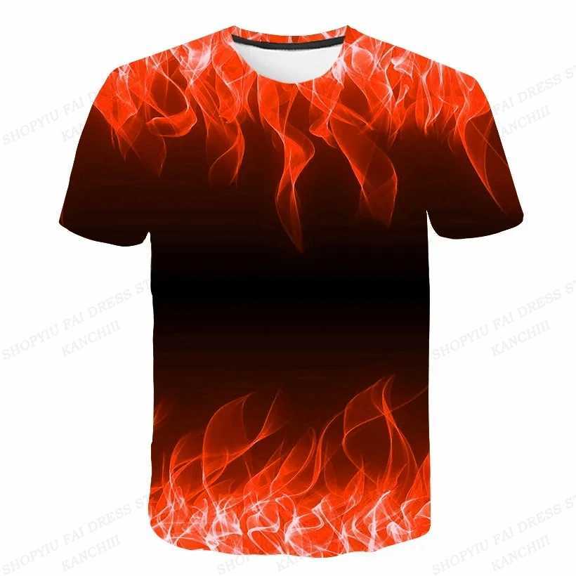 Summer mens T-shirt blue-green flame 3D printed T-shirt mens fashionable short sleeved T-shirt childrens hip-hop top T-shirt boys T-shirt W250425