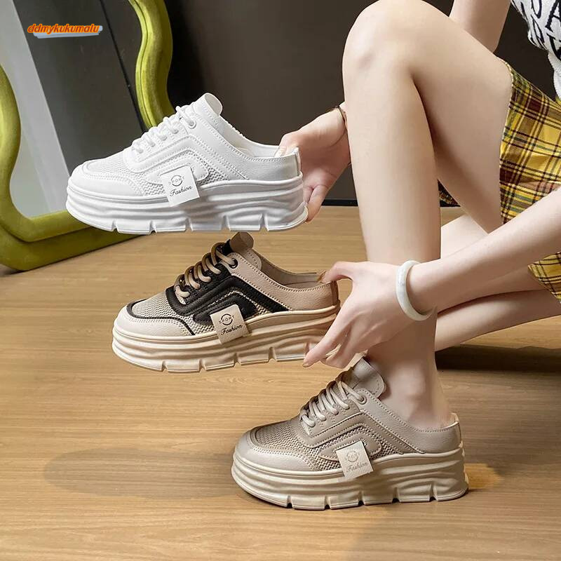 Solid Color Fashionable Breathable Soft Women's Slippers White Student Casual Shoes Multifunctional Semi Drag Thick Sole ddmykukumalu
