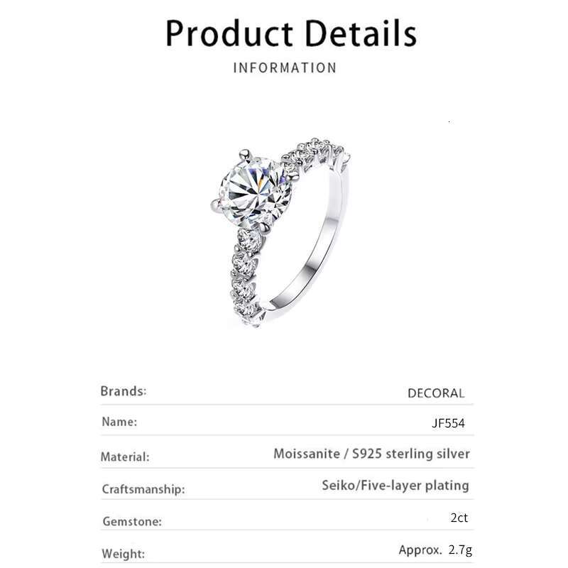 Sterling 925 Silver Moissanite 2Carat Moissanite Ring Four Prong Diamond Jewelry Forever Love Wedding Ring for Women