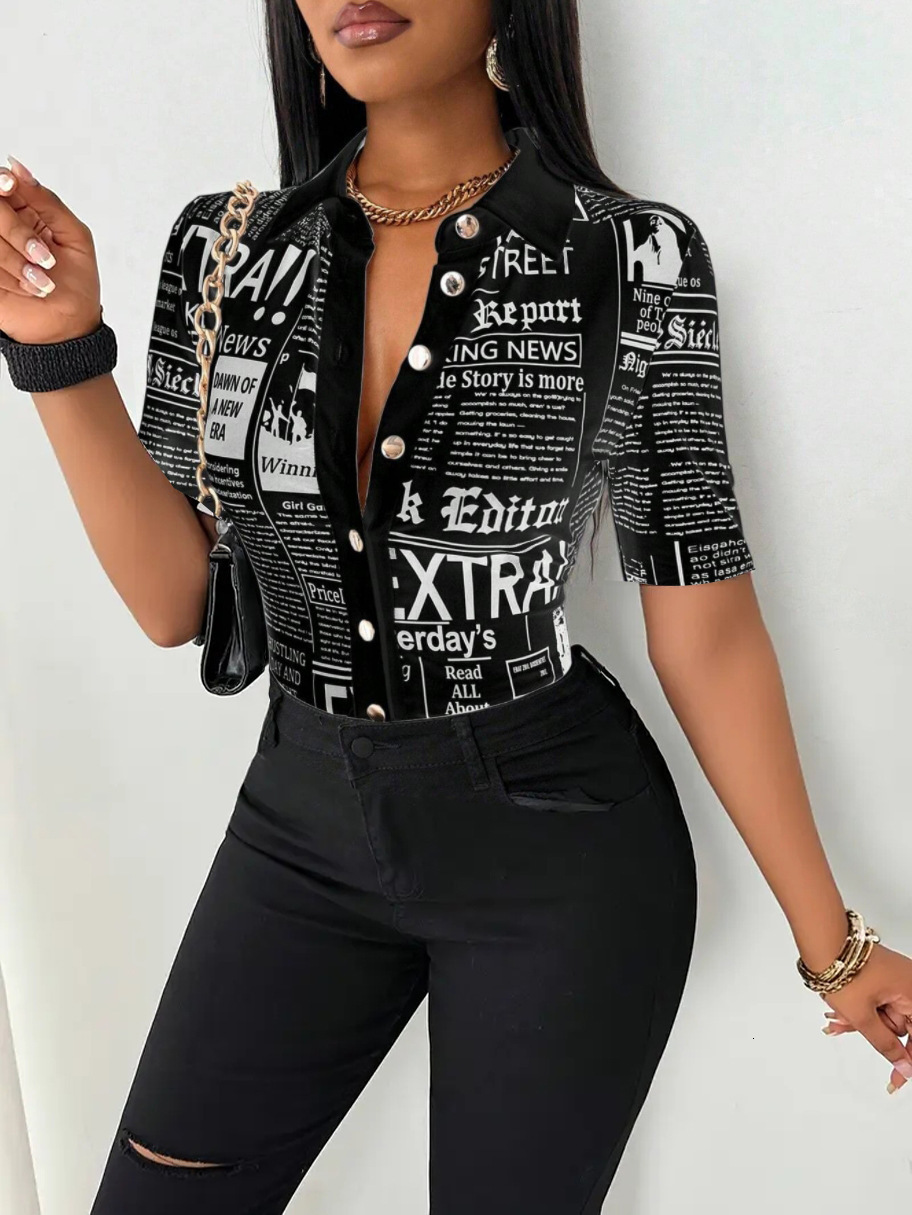 2025 Summer Fashion Newspaper Printed Single breasted V-neck Shirt for Women