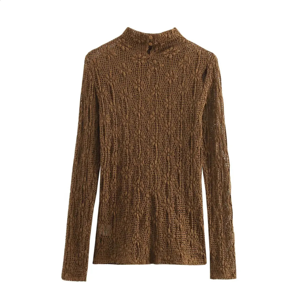 2025 turtle neck womens white lace shirt long sleeved slim fit thin mesh threeway spring sexy solid color bottom shirt top 250414