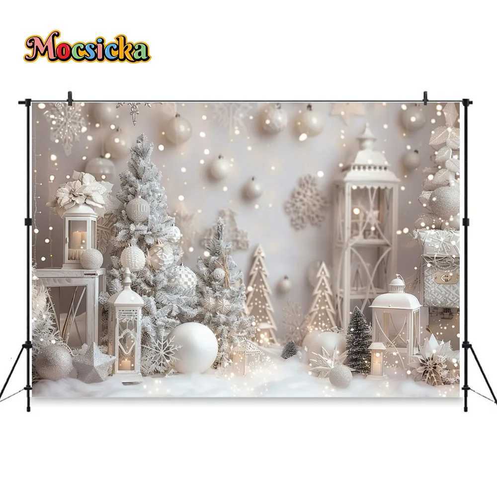 White Christmas Photography Background Silver Xmas Tree Decor Ball Lantern Shiny Backdrop Kid Winter Dreamy Birthday Party PhotoM251125