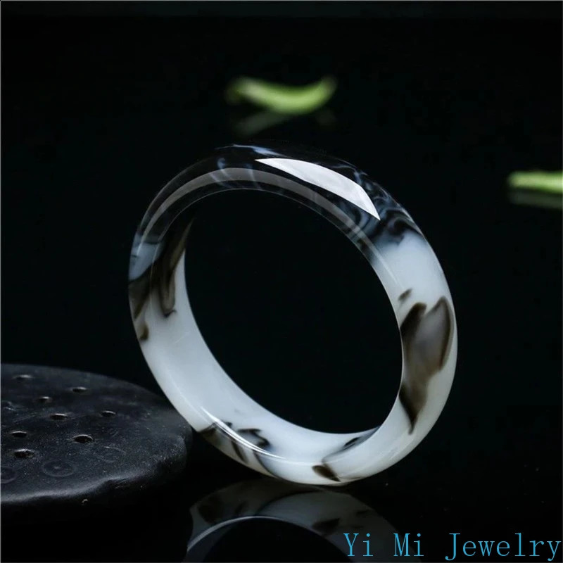 Natural Hetian Jade Bracelet Black White Flowers Charm Fashion Retro Fine Jewelry Elegant Girl Couple Bangle Holiday Gift 250424