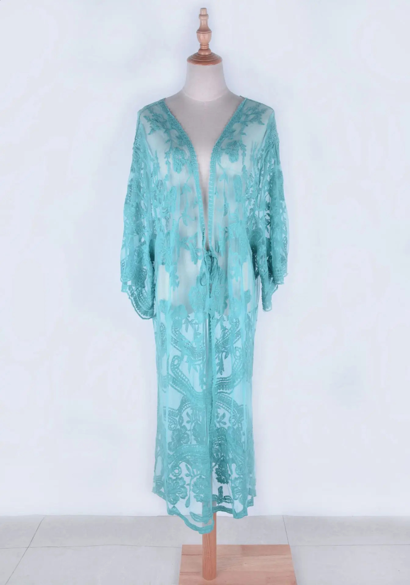 Womens loose swimsuit kimono open collar lace crochet floral top 250422