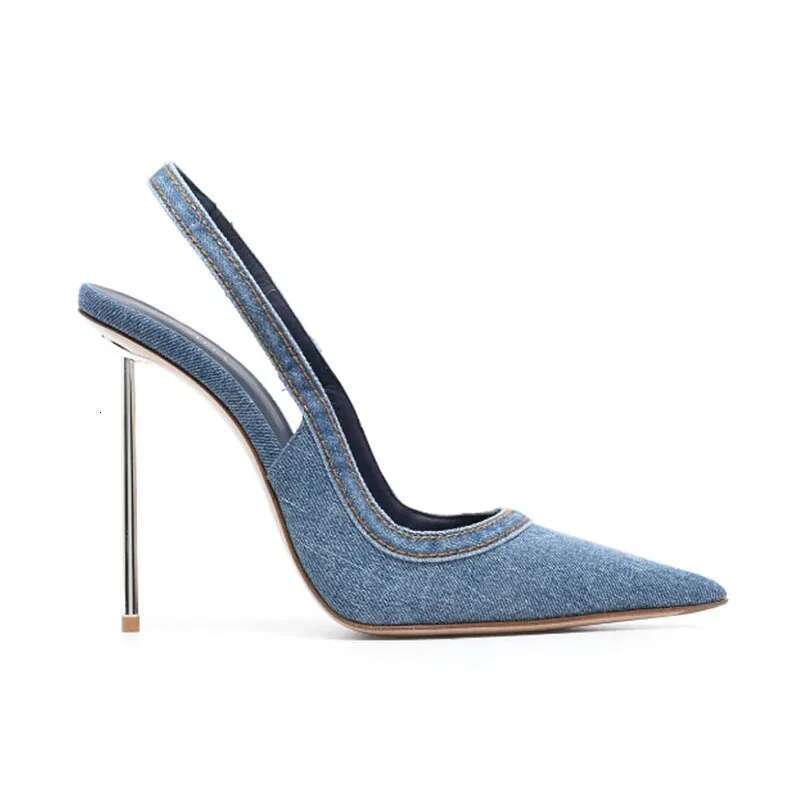 Spring and summer new pointed shallow-mouth denim shoes metal thin high-heeled daily dress fashion large size women's sandals