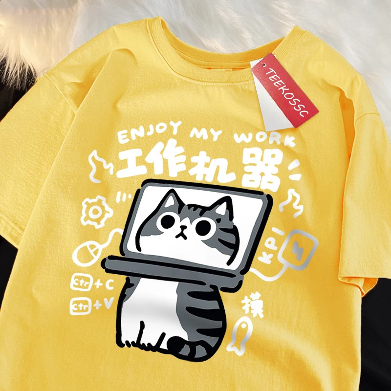 Interesting Tool Cat Printed Japanese Style Tshirt Mens Breathable Clothing Summer Cotton Hip Hop Loose Oversized 250417