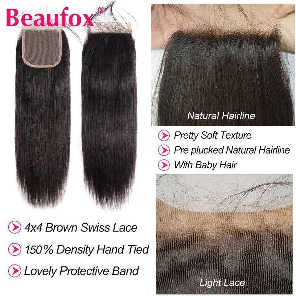 Beaufox Peruvian 3 Virgin Straight Human Bundles With Closure Natural Black Hair Extensions