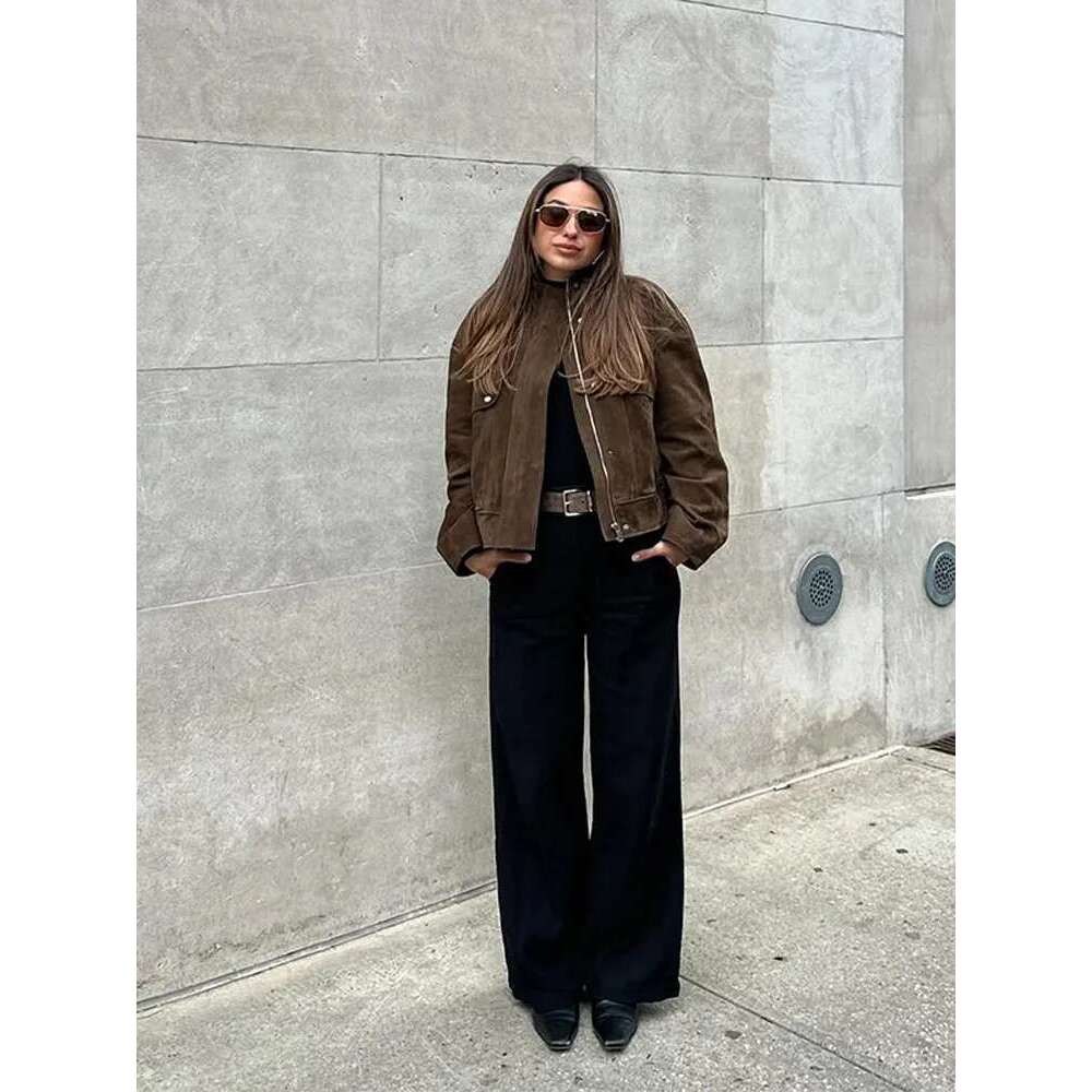 Designer Clothes Brown Suede Jacket Women Vintage Zipper Long Sleeve Pockets Stand Collar Bomber Coat Lady 2025 Spring New Fashion Streetwear Top