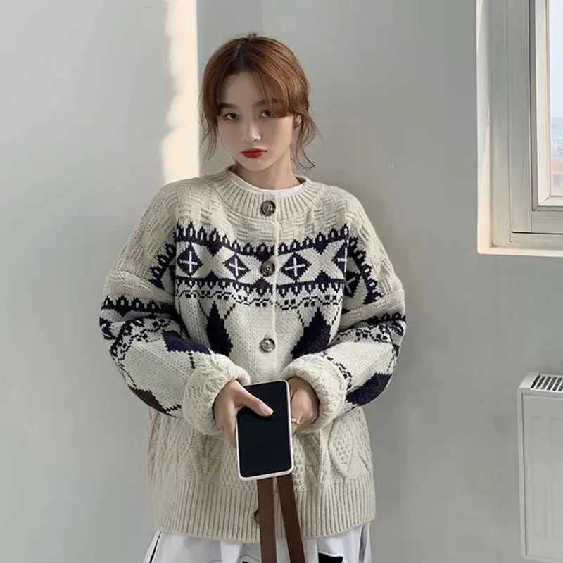 Zoki Korean Patchwork Cardigan Sweaters Women Lazy Wind Vintage Argyle Long Sleeve Knitted Coat Casual O Neck Female Print TopsT251125
