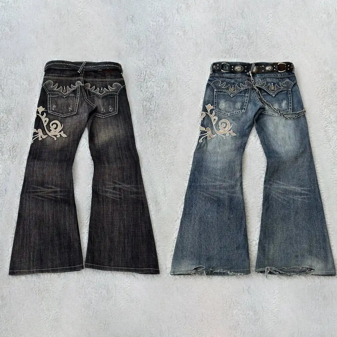 Y2K American Retro Embroidered Pattern Womens Trumpet Jeans Street Fashion Gothic Slim Mop Pants Womens Jeans 250422