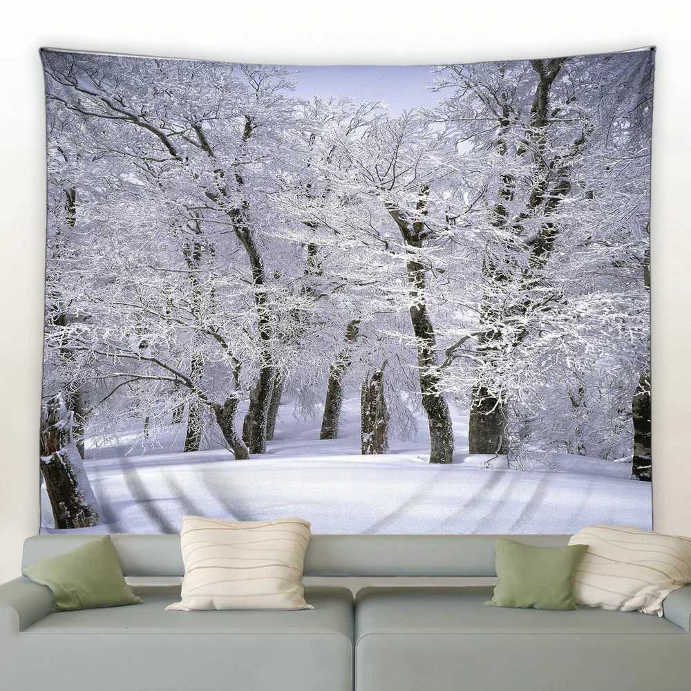 Window Outside Snowflake Forest Tapestry Winter Landscape Tapestries Wall Hanging Home Art Decor Blanket for Bedroom Living RoomM251125