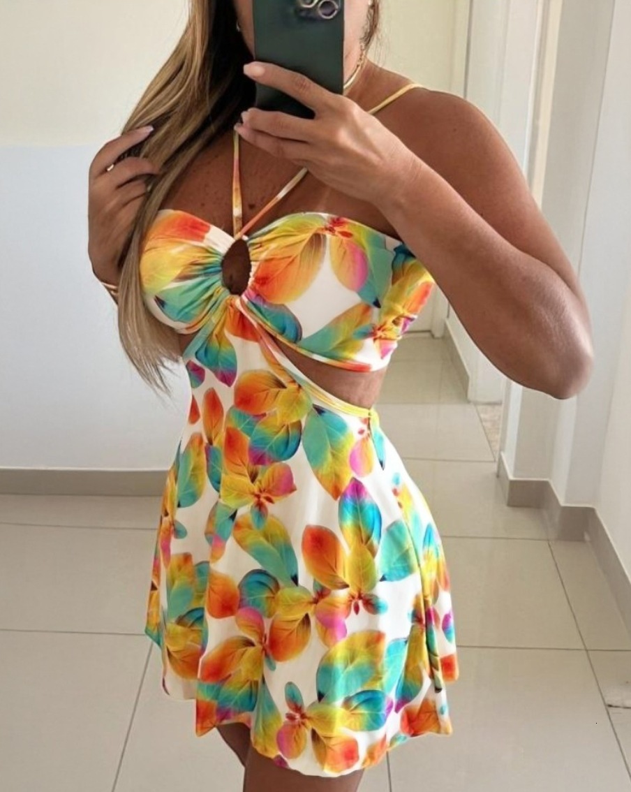 2025 Summer Printed Sexy Off Shoulder Hanging Neck Hollow Out Dress for Women
