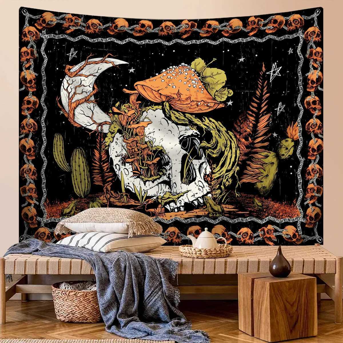 1pc Gothic skull tapestry human skull tapestry moon starry sky mushroom tapestry bedroom and living room aesthetic decorationM251125