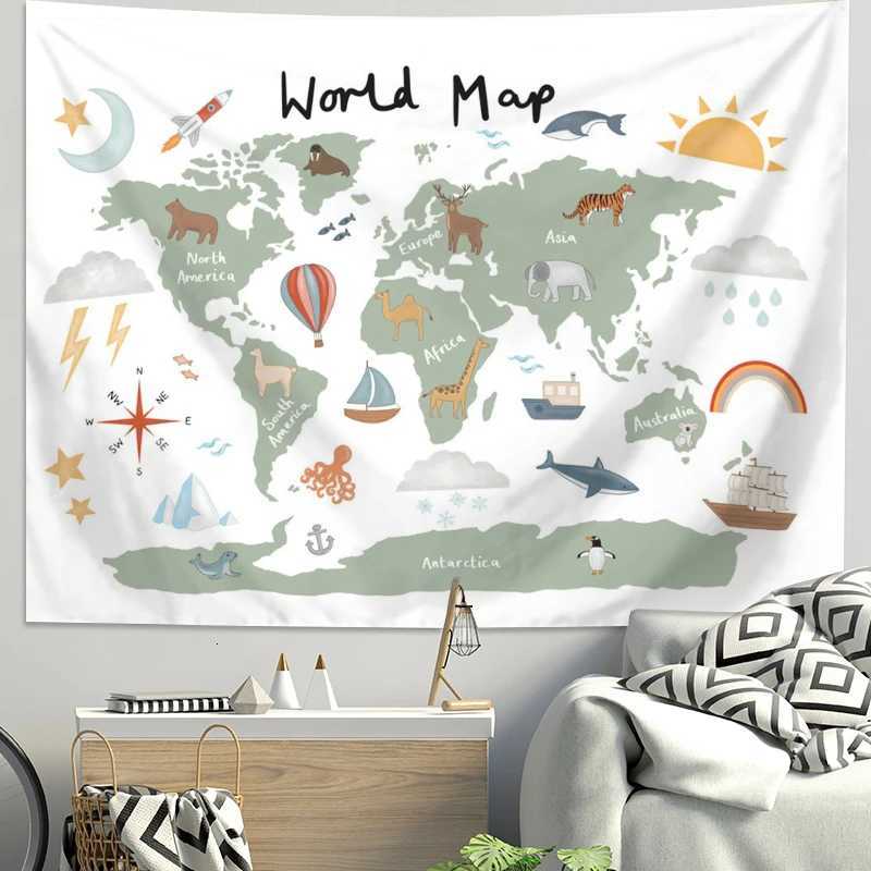 VIKAMA Ins Scandinavian World Terrain Tapestry Childrens Room Wall Decoration Cartoon Animal Map Bedside Background TapestryM251125